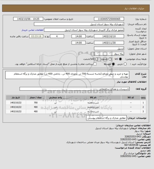 استعلام تهیه و خرید و حمل مصالح (ماسه شسته  700 تن ،نخودی 400 تن ، بادامی 400 تن) مطابق مدارک و برگه استعلام پیوستی