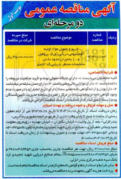 مناقصه خرید و تحویل مواد اولیه آلومینیومی دریایی