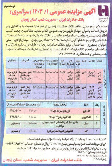 مزایده واگذاری و یا فروش املاک و اموال نوبت دوم
