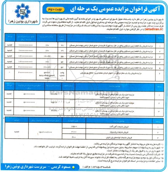 مزایده فروش 6 قطعه زمین مسکونی، 3 باب مغازه و.... نوبت دوم