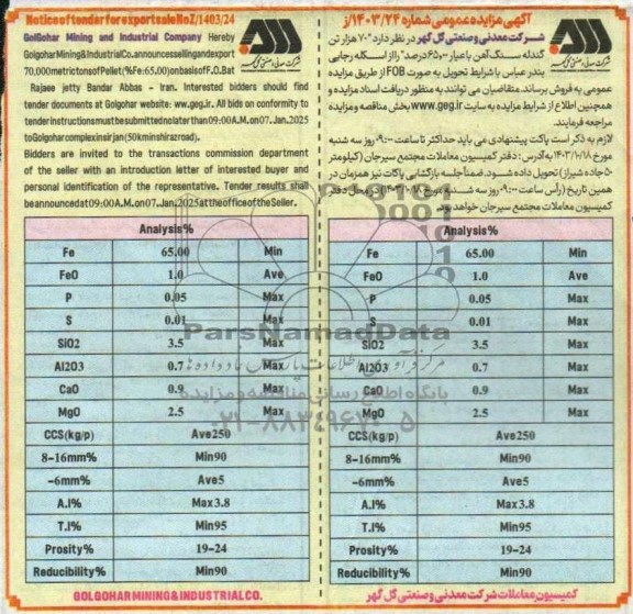مناقصه و مزایده فروش 70 هزار تن گندله سنگ آهن با عیار 65 درصد را از اسکله