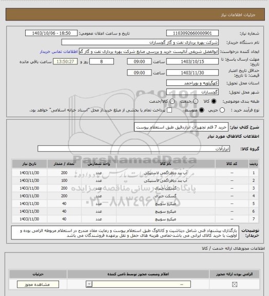 استعلام خرید 7 قلم تجهیزات ابزاردقیق طبق استعلام پیوست