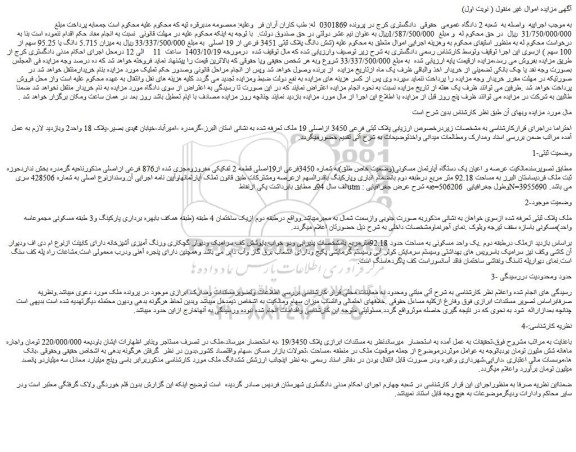 مزایده پلاک ثبتی فرعی 3450 ازاصلی 19 ملک 