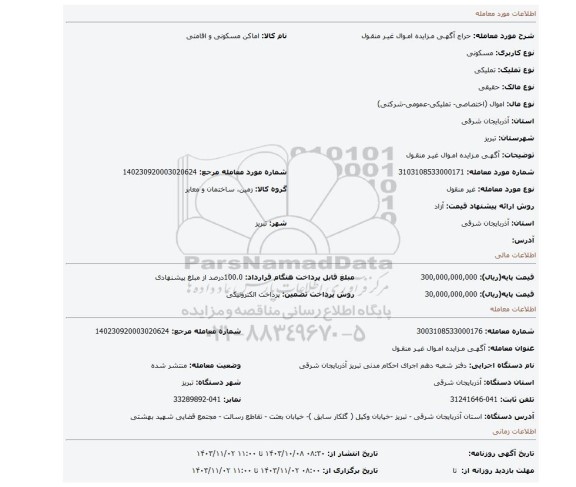 مزایده، آگهـی مـزایده امـوال غیـر منقـول