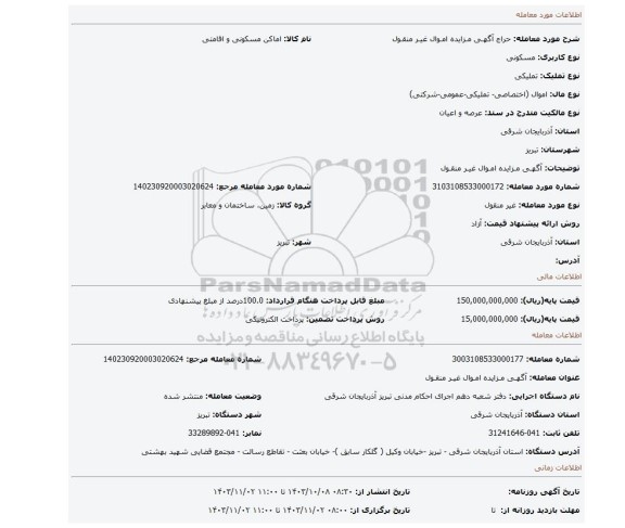 مزایده، آگهـی مـزایده امـوال غیـر منقـول
