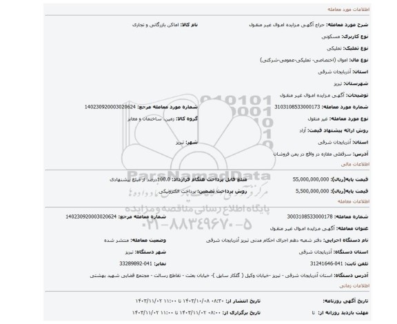 مزایده، آگهـی مـزایده امـوال غیـر منقـول