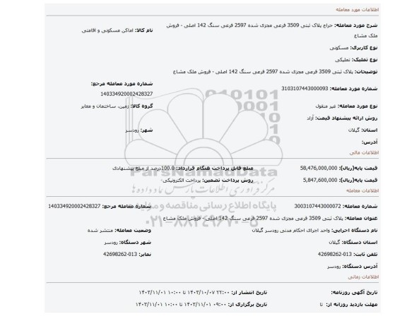 مزایده، پلاک ثبتی 3509 فرعی مجزی شده 2597 فرعی سنگ 142 اصلی - فروش ملک مشاع