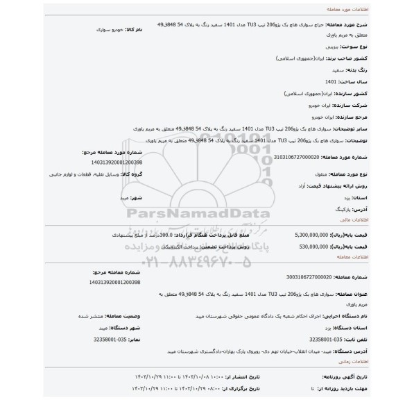 مزایده، سواری هاچ بک پژو206 تیپ TU3 مدل 1401 سفید رنگ به پلاک 54 848ق49 متعلق به مریم یاوری