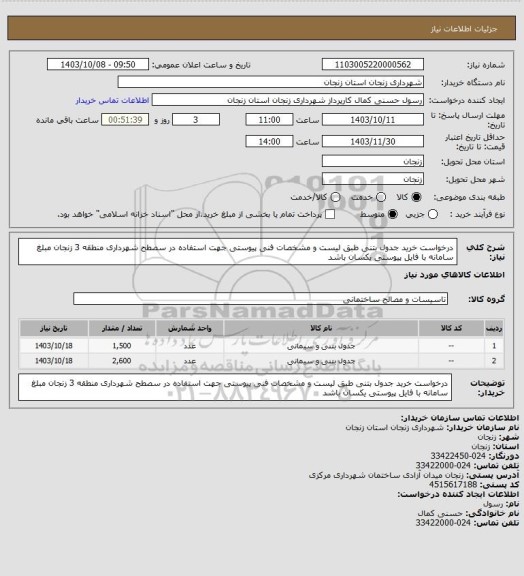 استعلام درخواست خرید جدول بتنی طبق لیست و مشخصات فنی پیوستی جهت استفاده در سصطح شهرداری منطقه 3 زنجان 
مبلغ سامانه با فایل پیوستی یکسان باشد