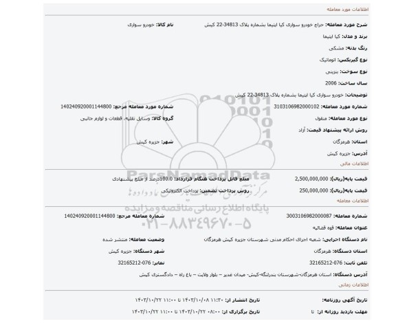 مزایده، خودرو سواری کیا اپتیما بشماره پلاک 34813-22 کیش