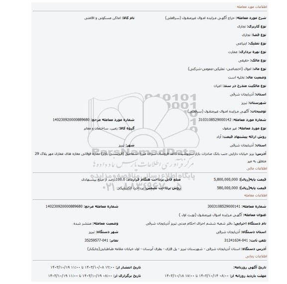 مزایده، آگهـی مـزایده امـوال غیرمنقـول (سرقفلی)