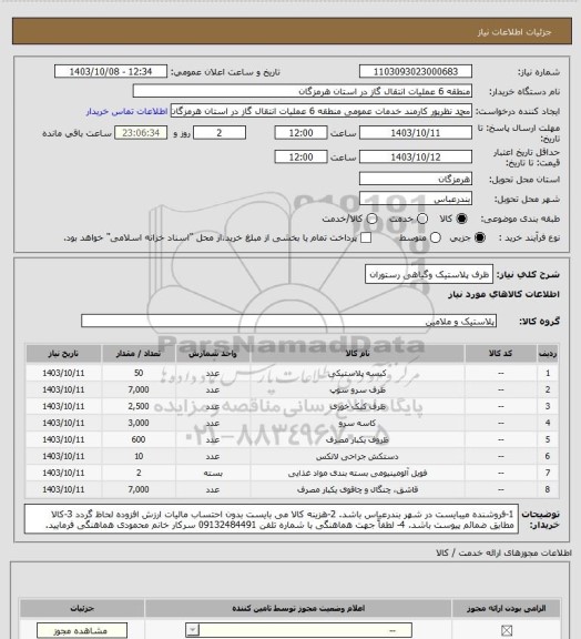 استعلام ظرف پلاستیک وگیاهی رستوران