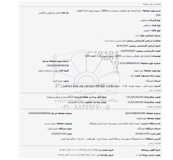 مزایده، آپارتمان اول تفکیکی بشماره ثبت 28546 -شهرک نوبنیاد فاز 3 (قطعه 935)