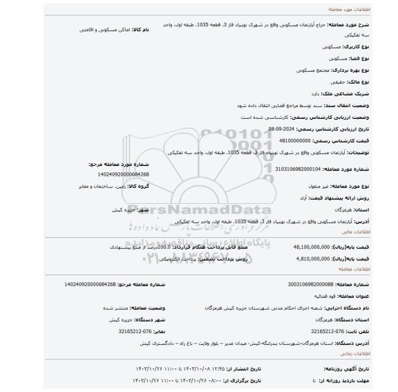 مزایده، آپارتمان مسکونی واقع در شهرک نوبنیاد فاز 3، قطعه 1035، طبقه اول، واحد سه تفکیکی