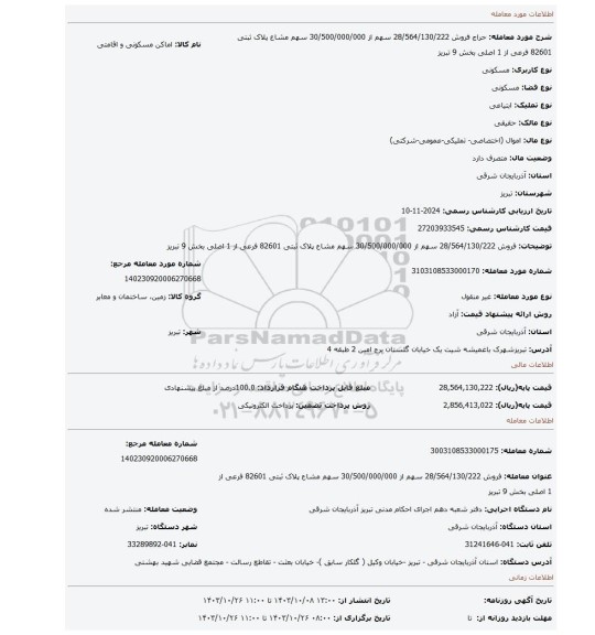 مزایده، فروش 28/564/130/222 سهم از 30/500/000/000 سهم مشاع پلاک ثبتی 82601 فرعی از 1 اصلی بخش 9 تبریز