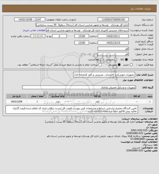 استعلام تجهیزات چوبی(میز کارمندی ، مدیریتی و کمد کتابخانه ای)
