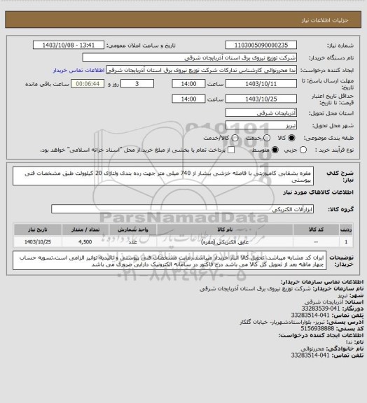 استعلام مقره بشقابی کامپوزیتی با فاصله خزشی بیشار از 740 میلی متر جهت رده بندی ولتاژی 20 کیلوولت طبق مشخصات فنی پیوستی