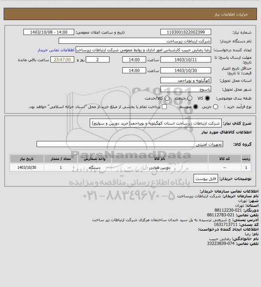 استعلام شرکت ارتباطات زیرساخت استان کهگیلویه و بویراحمد(خرید دوربین و سوئیچ)