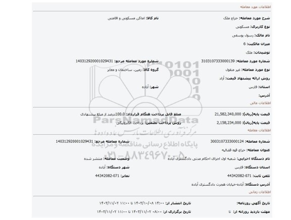 مزایده، ملک