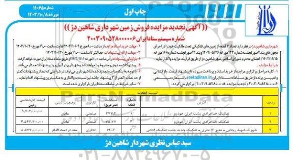 تجدید مزایده فروش سه قطعه زمین با کاربری صنعتی و تجاری