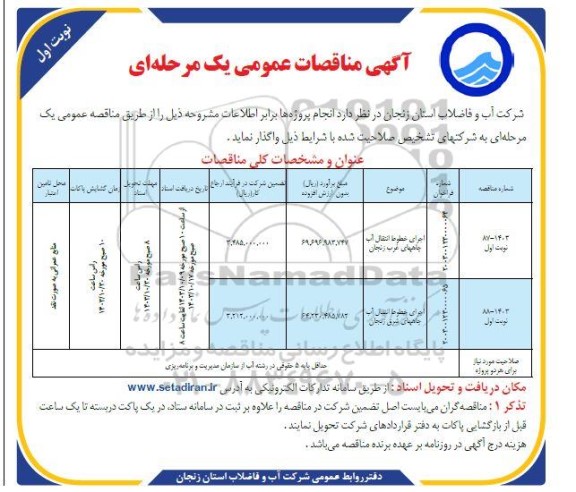 مناقصه اجرای خطوط انتقال آب چاههای غرب زنجان ...