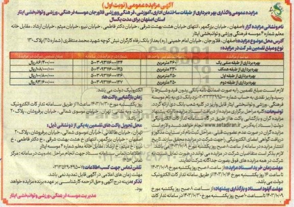 مزایده واگذاری بهره برداری از طبقات ساختمان اداری، آموزشی و فرهنگی و ورزشی