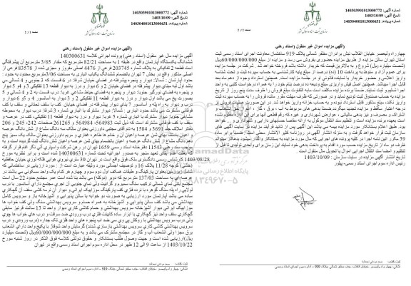 مزایده ششدانگ یک دستگاه آپارتمان مساحت 82.21 مترمربع