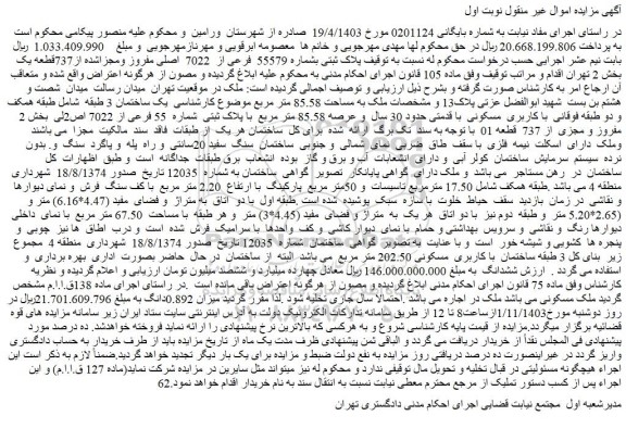 مزایده پلاک ثبتی بشماره 55579 فرعی از 7022 اصلی مفروز ومجزاشده از737قطعه یک