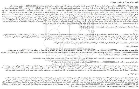 مزایده ششدانگ عرصه و اعیان یک واحد آپارتمان مسکونی به پلاک ثبتی 146/11501قطعه 1 به مساحت 106/11مترمربع
