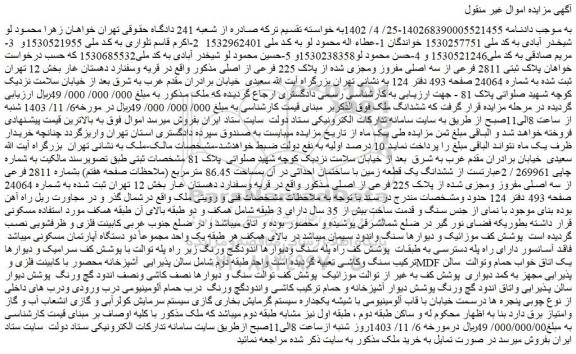 مزایده ششدانگ یک قطعه زمین با ساختمان احداثی در آن بمساحت 86.45 مترمربع