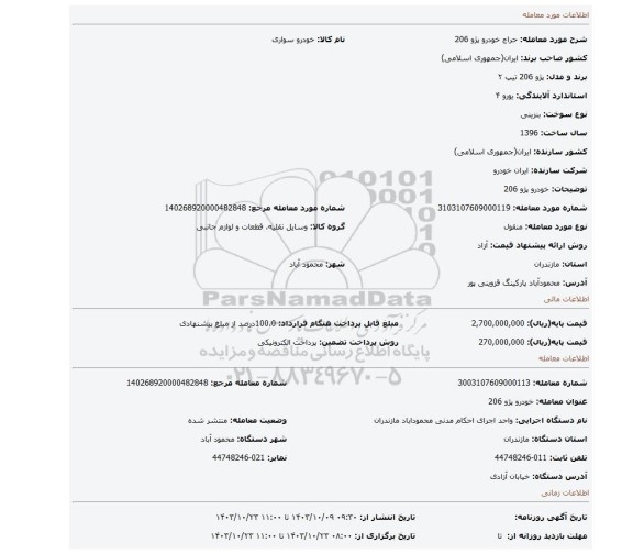 مزایده، خودرو پژو 206