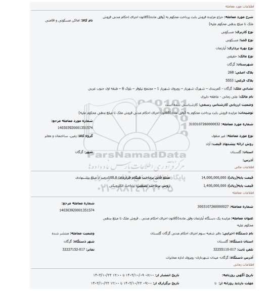مزایده، مزایده فروش بابت پرداخت محکوم به (وفق ماده51قانون اجرای احکام مدنی فروش ملک تا مبلغ بدهی محکوم علیه)