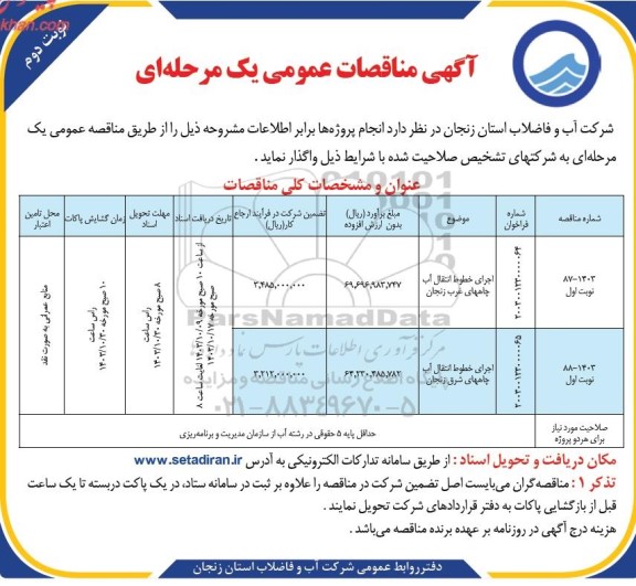 مناقصه اجرای خطوط انتقال آب چاههای غرب زنجان ...- نوبت دوم
