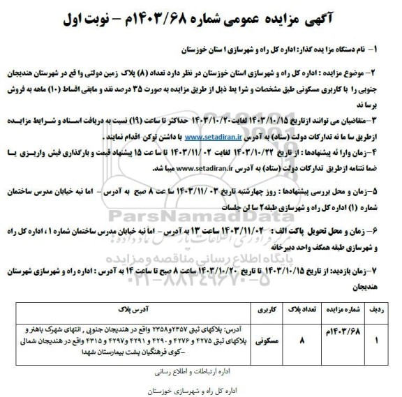 مزایده فروش تعداد 8 پلاک زمین دولتی