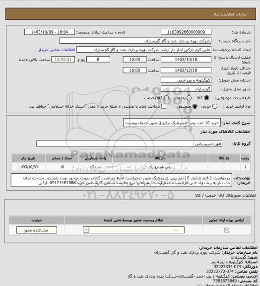 استعلام خرید 10 عدد پمپ هیدرولیک بیکرپنل طبق جدول پیوست