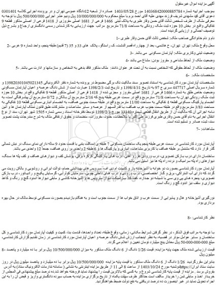 مزایده پلاک ثبتی 1466 فرعی از 1681 اصلی مفروزی از 1418 فرعی از اصلی