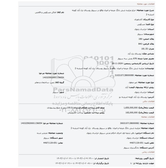 مزایده، مزایده شش دانگ عرصه و اعیان واقع در سبزوار روستای نزل آباد کوچه اندیشه 2