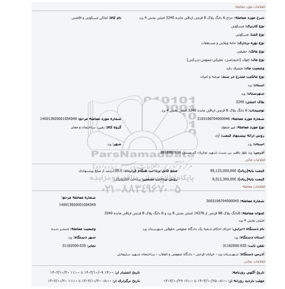 مزایده، 6 دانگ پلاک 8 فرعی ازباقی مانده 3240 اصلی بخش 4 یزد