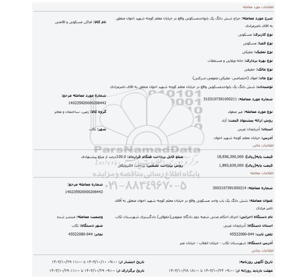 مزایده، شش دانگ یک بابواحدمسکونی واقع در خیابان معلم کوچه شهید اخوان متعلق به اقای ناصرمرادی