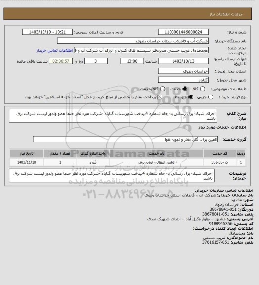 استعلام اجرای شبکه برق رسانی به چاه شماره 4بیدخت شهرستات گناباد -شرکت مورد نظر حتما عضو وندور لیست شرکت برق باشد