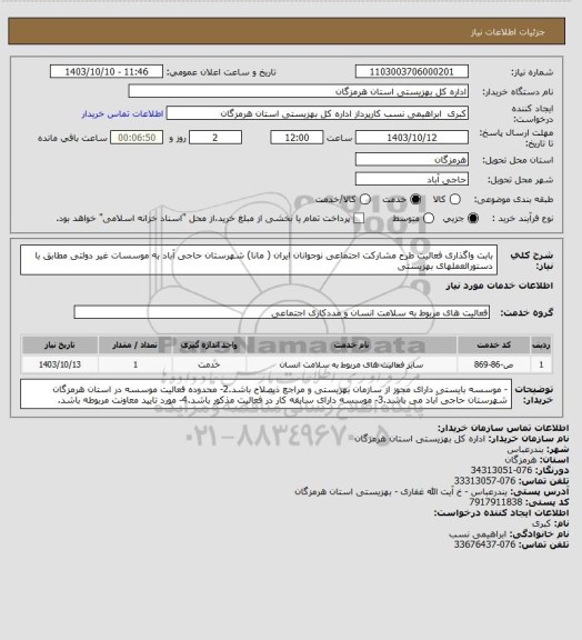 استعلام بابت واگذاری فعالیت طرح مشارکت اجتماعی نوجوانان ایران ( مانا) شهرستان حاجی آباد به موسسات غیر دولتی مطابق با دستورالعملهای بهزیستی