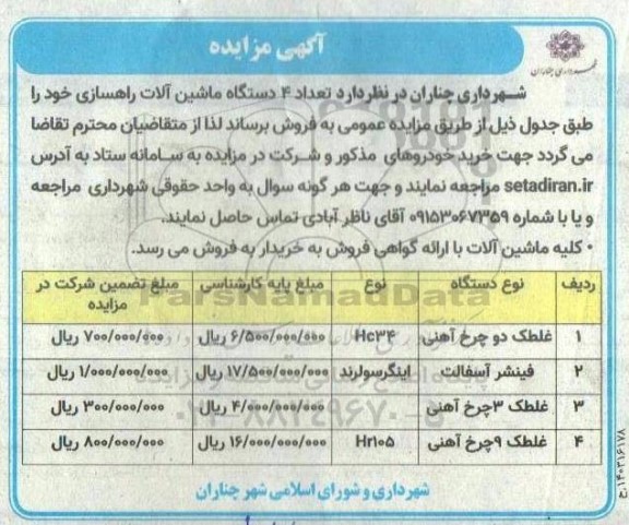 مزایده تعداد 4 دستگاه ماشین آلات راهسازی