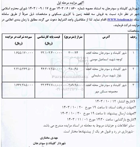 مزایده فروش سه قطعه زمین با کاربری مسکونی 