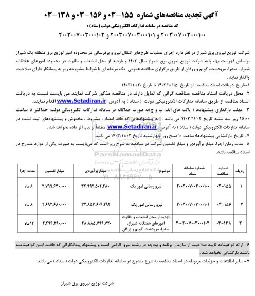 تجدید مناقصه نیرورسانی امور یک ​​​​​​و...