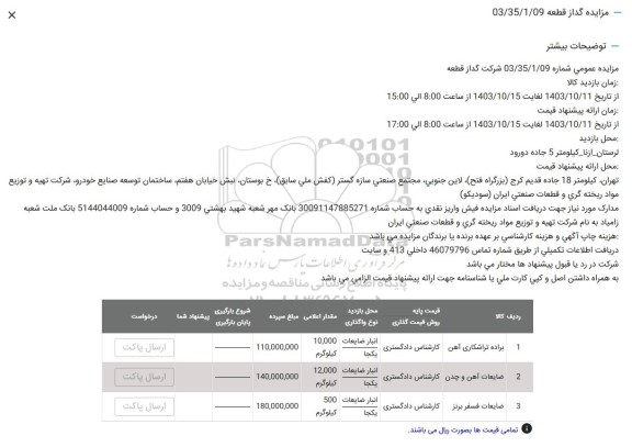 مزایده گداز قطعه