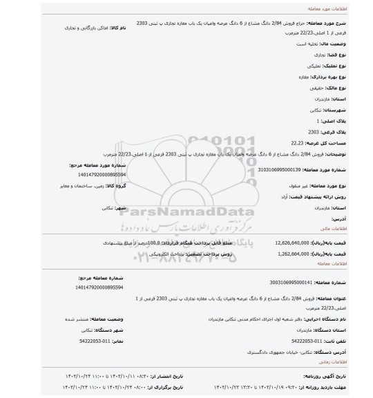 مزایده، فروش 2/84 دانگ مشاع از 6 دانگ عرصه واعیان یک باب مغازه تجاری پ ثبتی 2303 فرعی از 1 اصلی،22/23 مترمرب