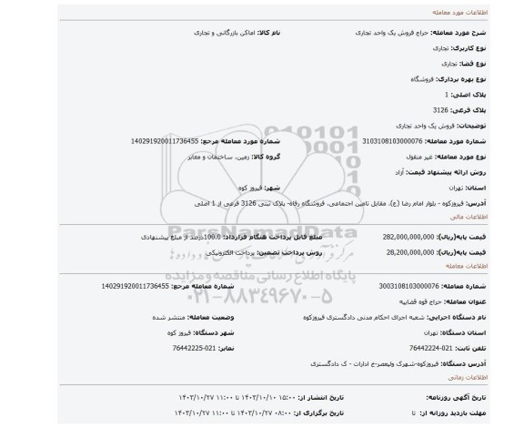 مزایده، فروش یک واحد تجاری