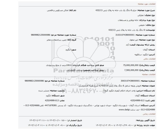 مزایده، 6 دانگ یک باب خانه به پلاک ثبتی 433/13