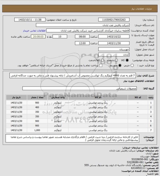 استعلام 7 قلم به تعداد 4800 کیلوگرم رنگ اپوکسی مخصوص آب آشامیدنی / ارائه پیشنهاد فنی و مالی به صورت جداگانه الزامی