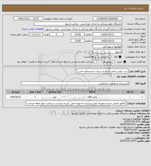 استعلام درب برقی و لامپ وتابلو و سینک با مشخصات فنی